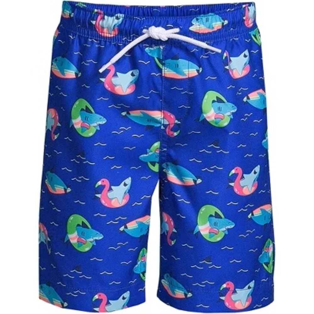 NWT Lands' End Funny Shark Swim Trunks Duck Surfboard Neon Blue Boy Size XLH